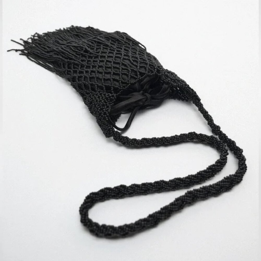 Zara Black Beaded Fringe Shoulder Bag